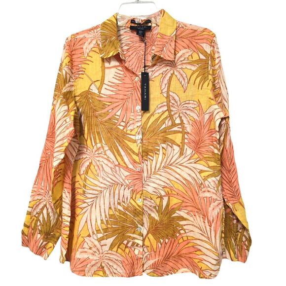 Tahari Tops - NWT Tahari Linen Button Up Blouse Size Med Hawaiian Tropical Beach Pink Yellow